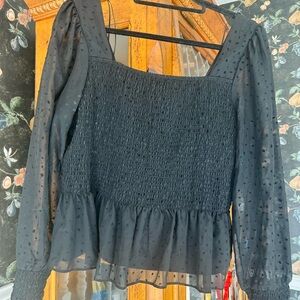 Nine West Black Sheer Swiss Dot Smocked Peplum Top - Women